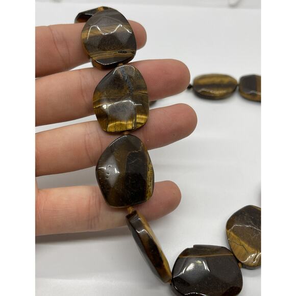 GSJ Signed 14k Gold Tigers Eye Necklace Chunk Stone Heavy Statement 18” Strand - Picture 6 of 9